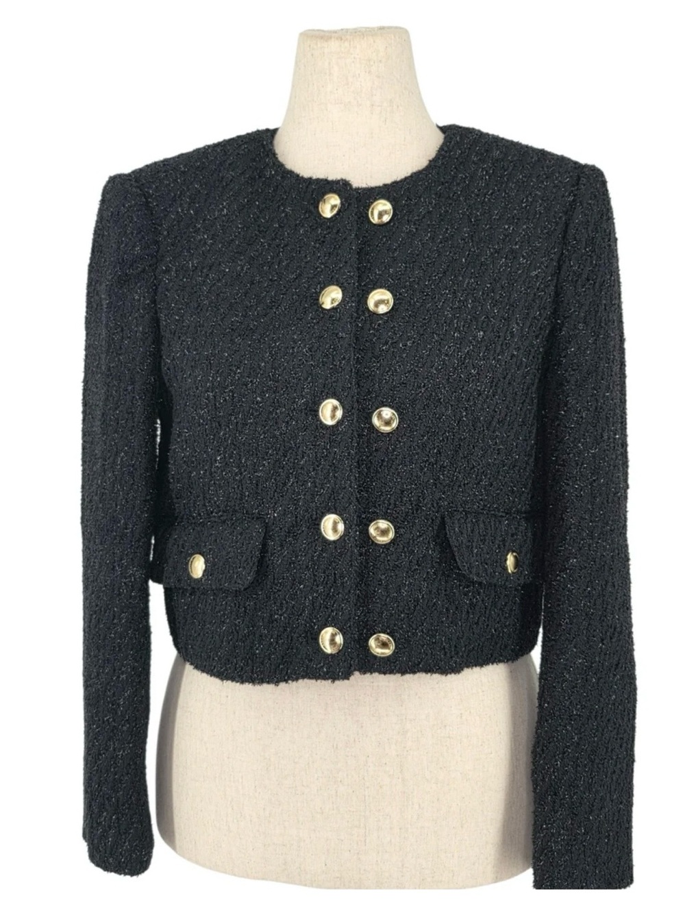 Runway MICHAEL Michael Kors Black Tweed Double-Breasted Jacket with Gold Buttons